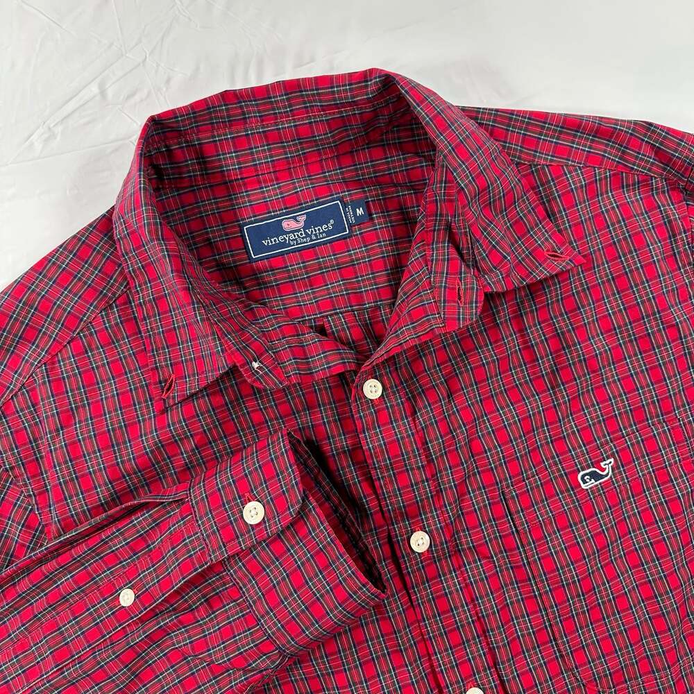 Vineyard Vines Button Down Shirt Mens Medium Red White Plaid Embroidered